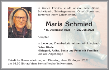 Traueranzeige von Maria Schmied von Allgäuer Zeitung,Kempten