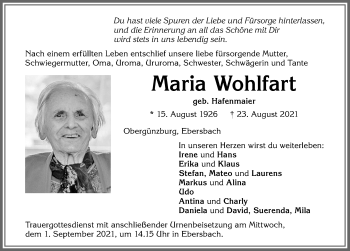 Traueranzeige von Maria Wohlfart von Allgäuer Zeitung, Marktoberdorf