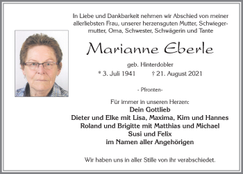 Traueranzeige von Marianne Eberle von Allgäuer Zeitung, Füssen
