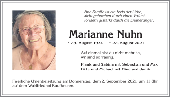 Traueranzeige von Marianne Nuhn von Allgäuer Zeitung, Kaufbeuren/Buchloe