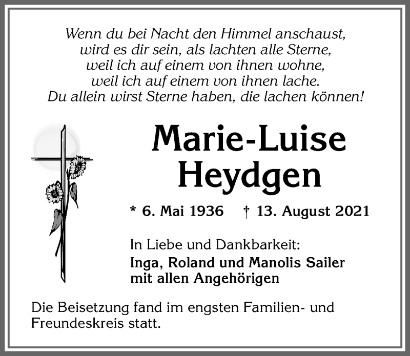  Traueranzeige für Marie-Luise Heydgen vom 21.08.2021 aus Allgäuer Zeitung,Kempten