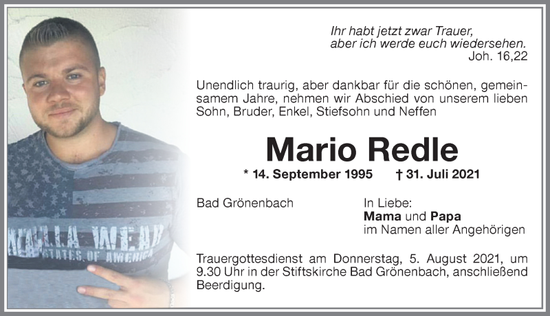  Traueranzeige für Mario Redle vom 04.08.2021 aus Memminger Zeitung