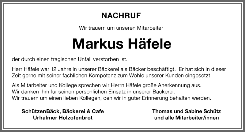  Traueranzeige für Markus Häfele vom 28.08.2021 aus Memminger Zeitung