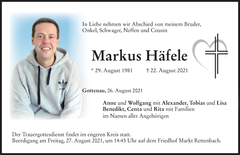  Traueranzeige für Markus Häfele vom 26.08.2021 aus Memminger Zeitung