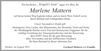 Traueranzeige von Marlene Mattern von Allgäuer Zeitung, Füssen