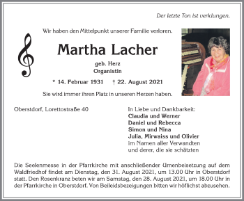 Traueranzeige von Martha Lacher von Allgäuer Anzeigeblatt