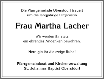 Traueranzeige von Martha Lacher von Allgäuer Anzeigeblatt