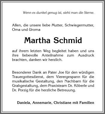 Traueranzeige von Martha Schmid von Allgäuer Anzeigeblatt