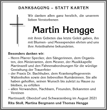 Traueranzeige von Martin Hengge von Allgäuer Zeitung