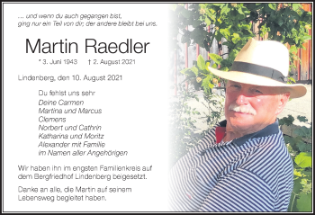 Traueranzeige von Martin Raedler von Der Westallgäuer