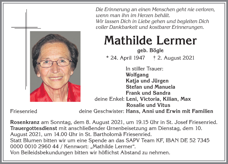  Traueranzeige für Mathilde Lermer vom 06.08.2021 aus Allgäuer Zeitung, Kaufbeuren/Buchloe