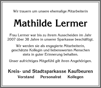 Traueranzeige von Mathilde Lermer von Allgäuer Zeitung, Kaufbeuren/Buchloe