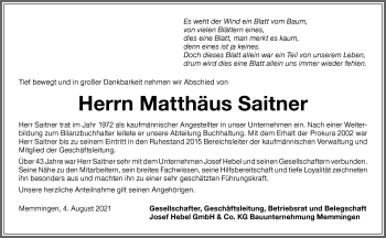 Traueranzeige von Matthäus Saitner von Memminger Zeitung