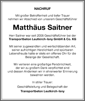 Traueranzeige von Matthäus Saitner von Memminger Zeitung