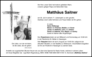 Traueranzeige von Matthäus Saitner von Memminger Zeitung