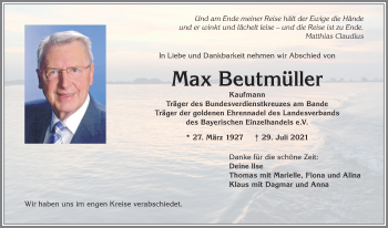 Traueranzeige von Max Beutmüller von Allgäuer Zeitung,Kempten