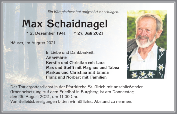 Traueranzeige von Max Schaidnagel von Allgäuer Anzeigeblatt