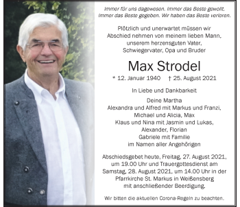 Traueranzeige von Max Strodel von Der Westallgäuer