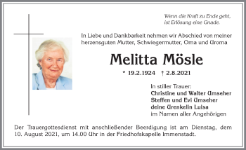 Traueranzeige von Melitta Mösle von Allgäuer Anzeigeblatt