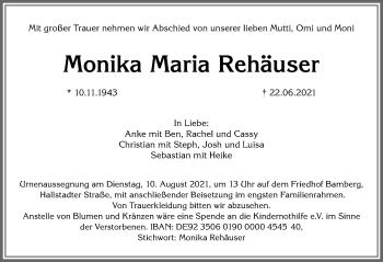 Traueranzeige von Monika Maria Rehäuser von Allgäuer Anzeigeblatt