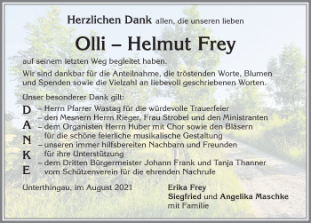 Traueranzeige von Olli-Helmut Frey von Allgäuer Zeitung, Marktoberdorf