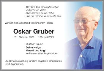 Traueranzeige von Oskar Gruber von Allgäuer Zeitung,Kempten