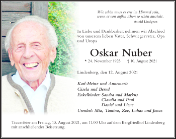 Traueranzeige von Oskar Nuber von Der Westallgäuer