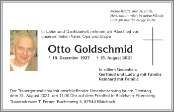 Traueranzeige von Otto Goldschmid von Allgäuer Anzeigeblatt