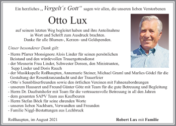 Traueranzeige von Otto Lux von Allgäuer Zeitung, Füssen