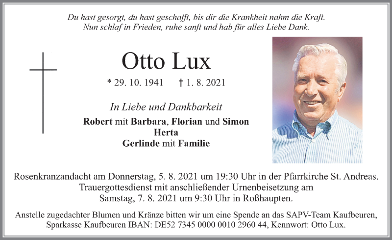  Traueranzeige für Otto Lux vom 04.08.2021 aus Allgäuer Zeitung, Füssen