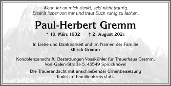 Traueranzeige von Paul-Herbert Gremm von Allgäuer Anzeigeblatt