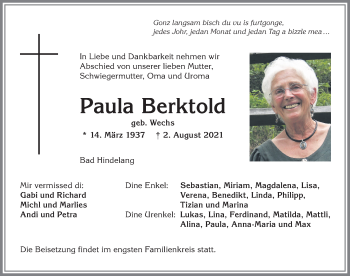 Traueranzeige von Paula Berktold von Allgäuer Anzeigeblatt