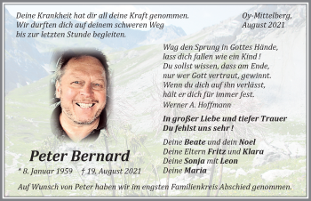 Traueranzeige von Peter Bernard von Allgäuer Zeitung,Kempten