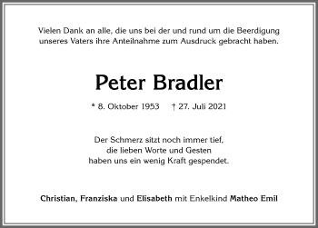 Traueranzeige von Peter Bradler von Allgäuer Zeitung, Marktoberdorf