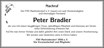 Traueranzeige von Peter Bradler von Allgäuer Zeitung, Marktoberdorf