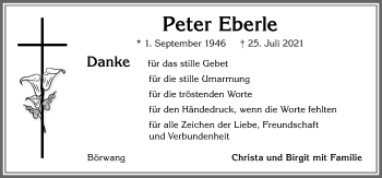 Traueranzeige von Peter Eberle von Allgäuer Zeitung,Kempten