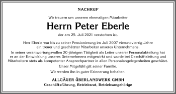 Traueranzeige von Peter Eberle von Allgäuer Zeitung,Kempten