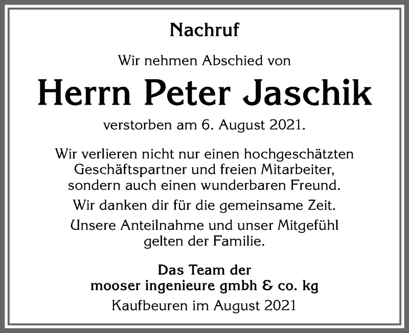  Traueranzeige für Peter Jaschik vom 19.08.2021 aus Allgäuer Zeitung,Kempten