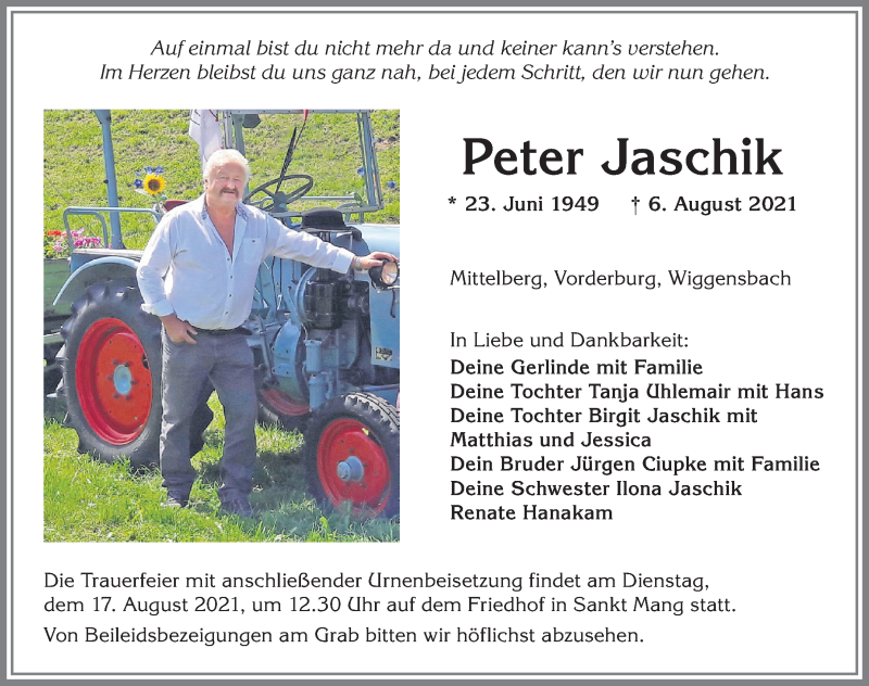  Traueranzeige für Peter Jaschik vom 14.08.2021 aus Allgäuer Zeitung,Kempten