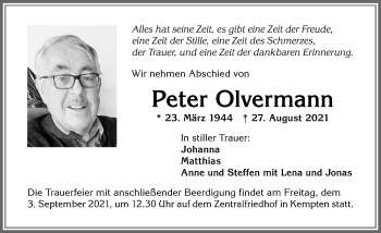 Traueranzeige von Peter Olvermann von Allgäuer Zeitung