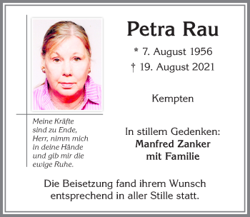 Traueranzeige von Petra Rau von Allgäuer Zeitung,Kempten