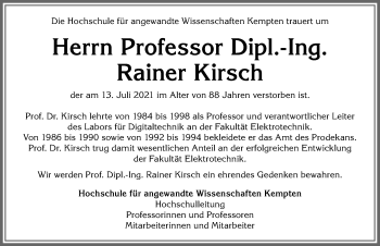 Traueranzeige von Rainer Kirsch von Allgäuer Zeitung