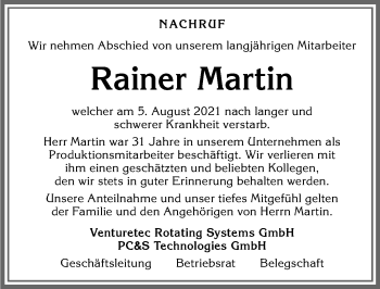 Traueranzeige von Rainer Martin von Allgäuer Zeitung, Kaufbeuren/Buchloe