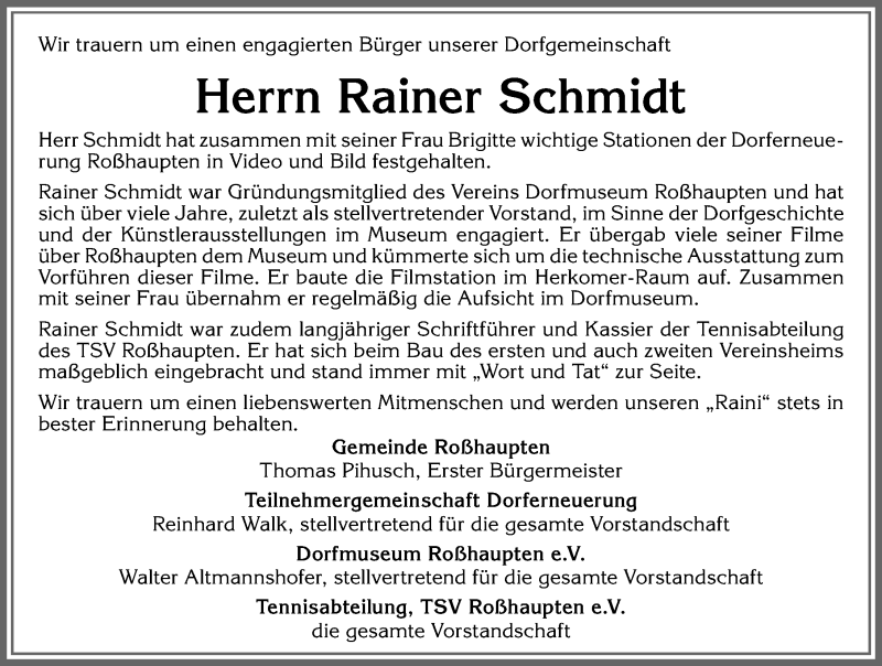  Traueranzeige für Rainer Schmidt vom 30.08.2021 aus Allgäuer Zeitung, Füssen