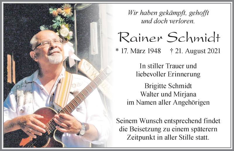  Traueranzeige für Rainer Schmidt vom 28.08.2021 aus Allgäuer Zeitung, Füssen