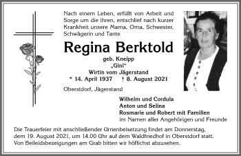 Traueranzeige von Regina Berktold von Allgäuer Anzeigeblatt