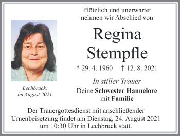 Traueranzeige von Regina Stempfle von Allgäuer Zeitung, Füssen