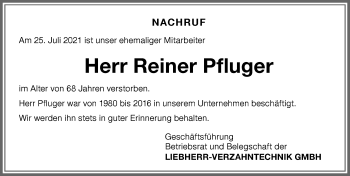 Traueranzeige von Reiner Pfluger von Allgäuer Zeitung,Kempten