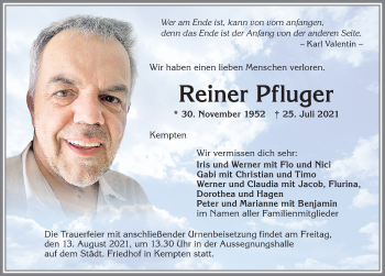 Traueranzeige von Reiner Pfluger von Allgäuer Zeitung,Kempten