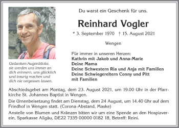 Traueranzeige von Reinhard Vogler von Allgäuer Zeitung,Kempten